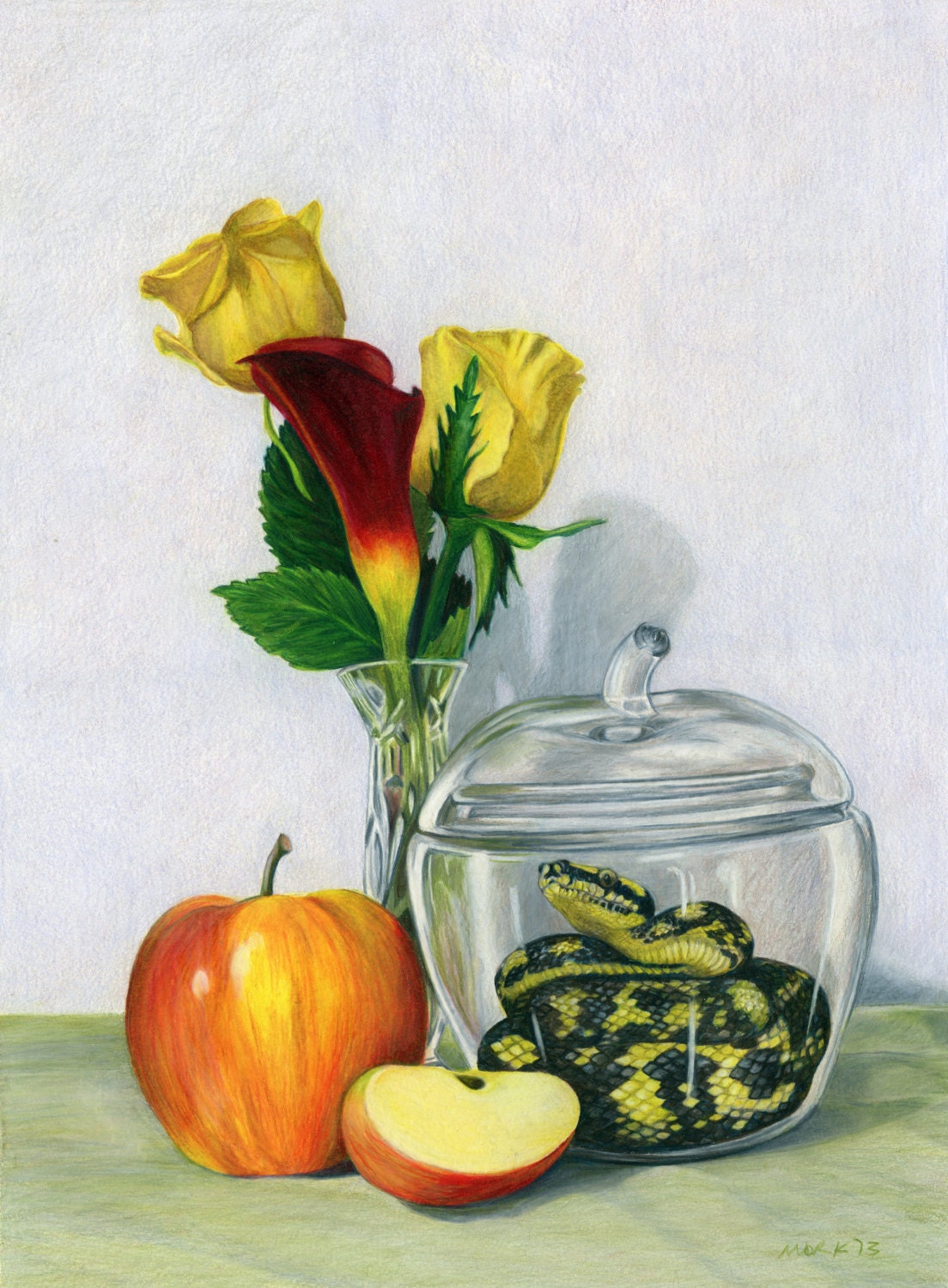 Still Life with Apple Jar- Snake Fine Art Giclee 5x7 matted to 8x10