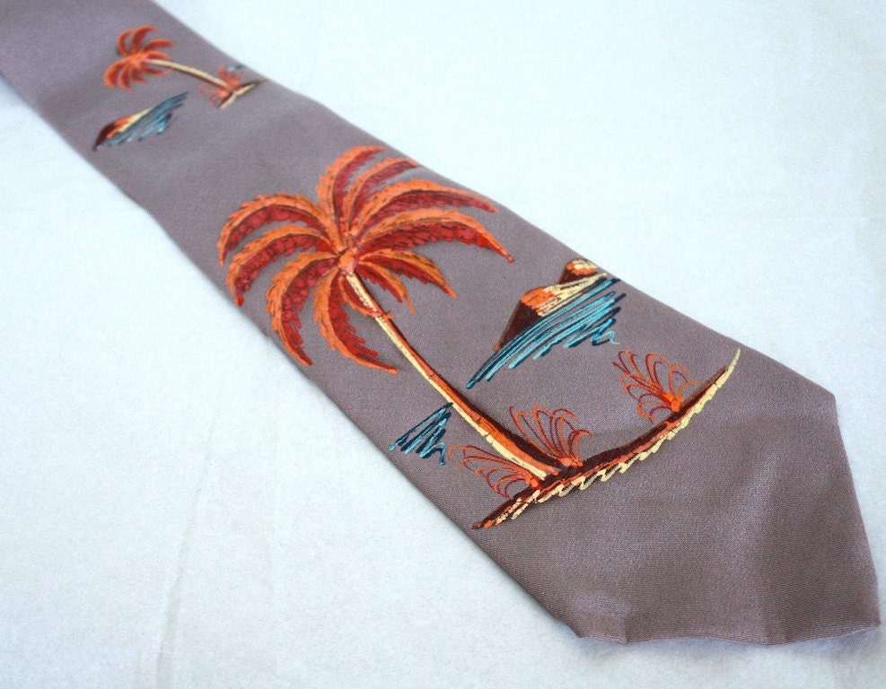 Rare Early 1940's Hand Painted Tropical Palm Tree Design Men's Necktie // Andre of California // Humphrey Bogart Casablanca