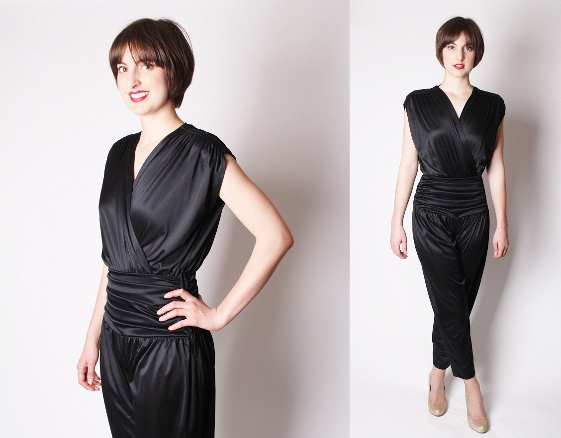 Dramatic Romantic Vintage 1970s Disco Grecian Draped Black Goddess Romper / One Piece / Pantsuit / Rompers / Harem Pants / 1907