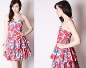 Strapless Floral Short Ruffle Cotton Party Dress / 80s Party Dress / Sweetheart Neckline Dress / Laura Ahsley Dress / Prom Dresses / 1928