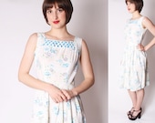 Vintage White and Blue Lattice Collar Pastel Floral 50s Cocktaill Dress / 50s Cocktail Dress / 1950s Dresses / 2109