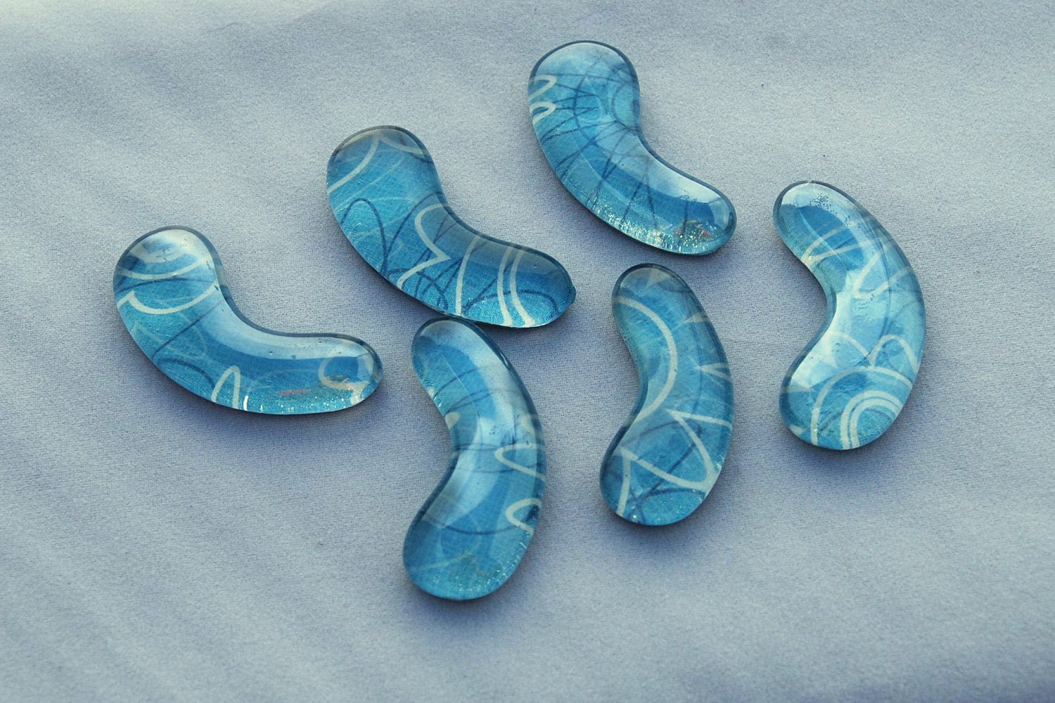 Mod Blue Flowers - Set of 6 SUPER Strong Upcycled Recycled Repurposed Glass Squiggle Magnets