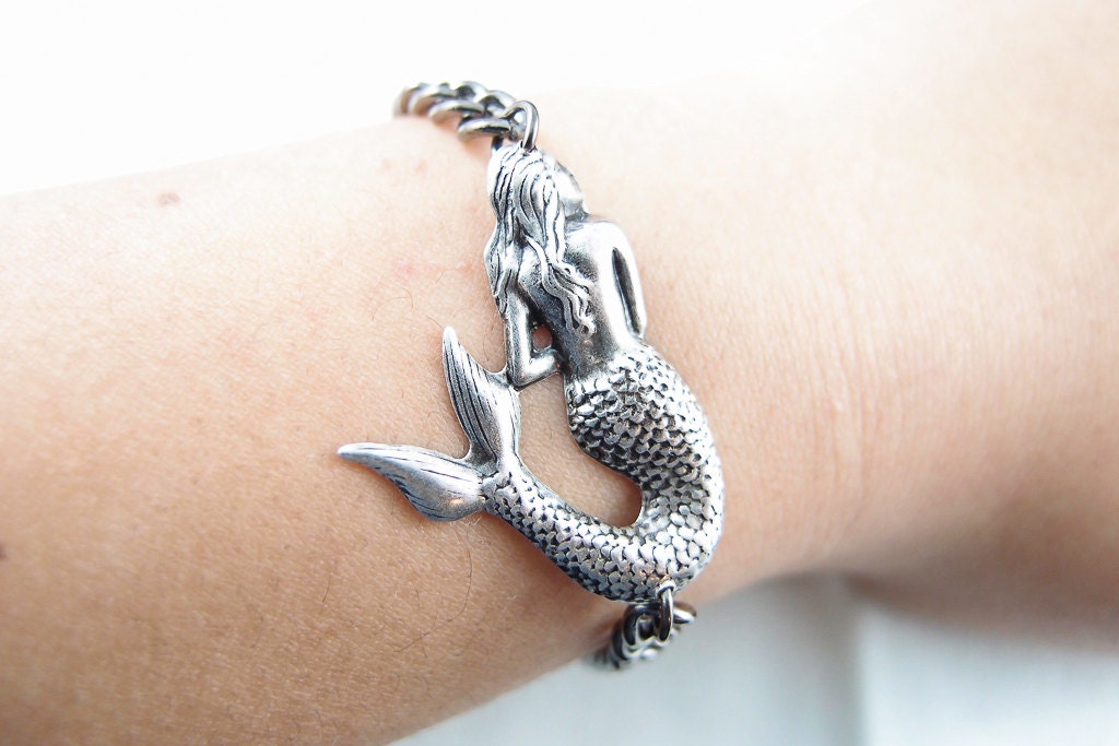 Aged sterling silver plated brass mythological mermaid gunmetal chain bracelet