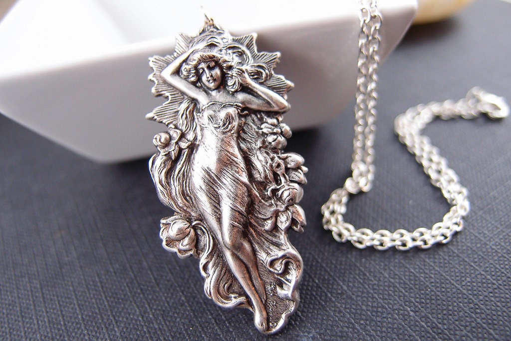 Art nouveau mythological goddess ox sterling silver plated brass necklace.