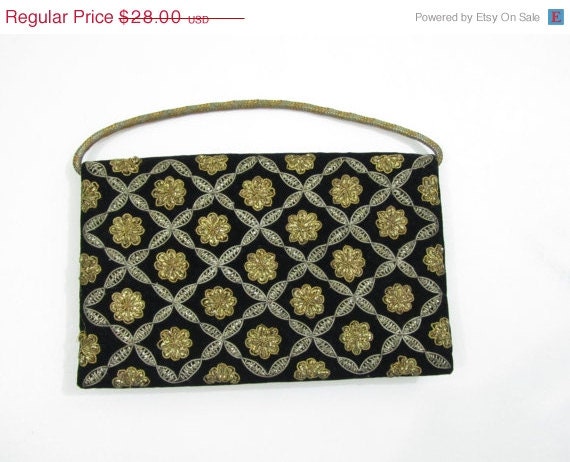 Vintage 1950s 1960s Purse Black & Gold Embroidered Evening Handbag Clutch