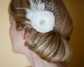 Ivory lace hair flower, bridal wedding accessories, wedding hairpiece,  feather fascinator, veil tulle Lace wedding flower