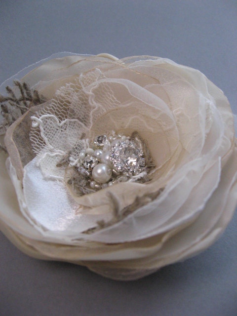 Burlap Wedding, hair accessories, flower bridal hairpiece, Rustic shabby chic vintage, lace wedding, Beige champagne Ivory Fascinator