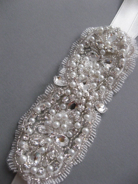 Rhinestone and pearl lace Bridal bracelet cuff Vintage art nouveau Wedding accessory  Antique Ivory silver embroidered satin ribbon tie