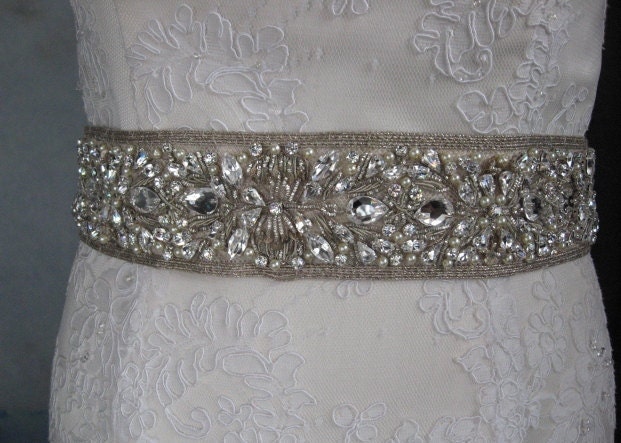 Bridal sash, Wedding sash belt dress, Antiqued silver Champagne, lots rhinestone crystals OOAK unique diamante sash embellished lace beaded