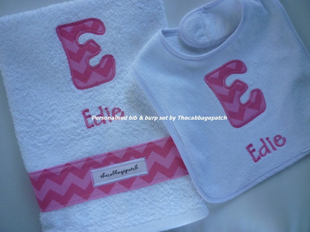 Personalised Baby bib and matching burp cloth with pink fabric
