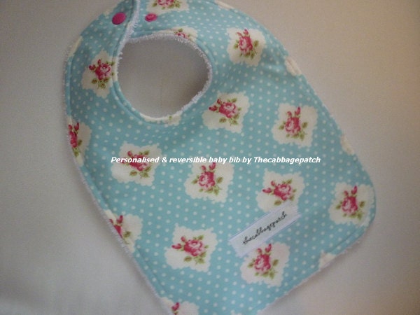 Handmade personalised baby bib adjustable reversible Shabby