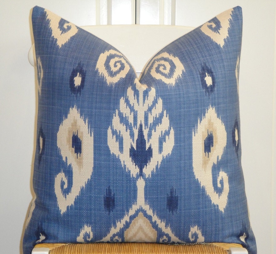 Decorative Pillow Cover - 20 x 20 or 18 x 18 - Throw Pillow - Accent Pillow  - IKAT- Blue - Light Tan - Sofa Pillow