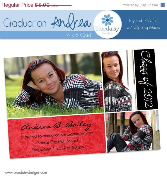 ON SALE 4x6 Graduation Announcement (Andrea) Photoshop Template for Photographers
