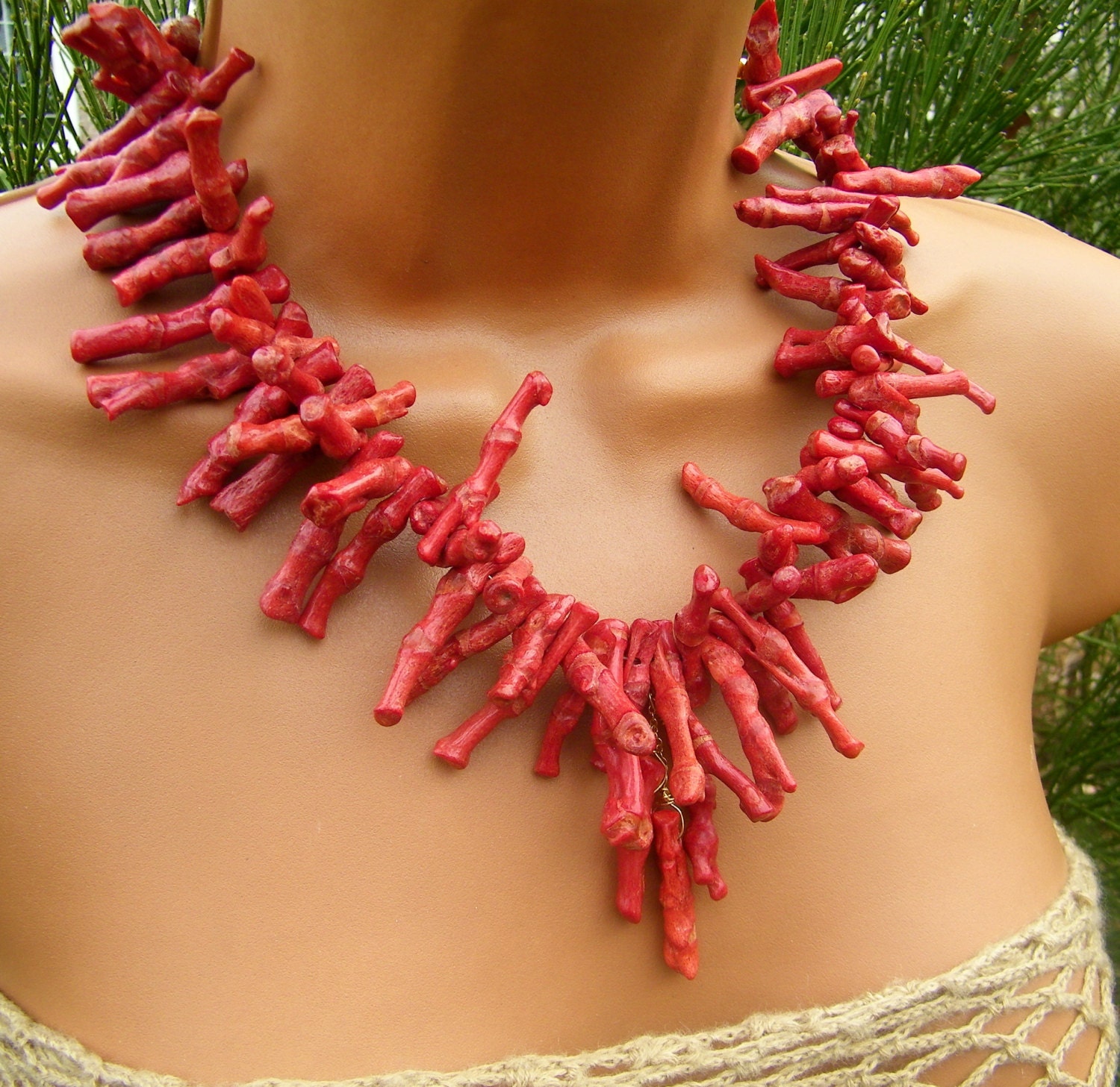 Red Coral Branch Statement Necklace. Summer Evening Cocktail Necklace.