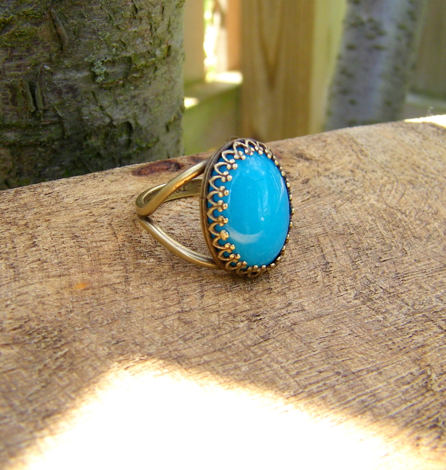 Aqua Blue Jade Cocktail Ring. Antiqued Solid Brass Ring. size 8