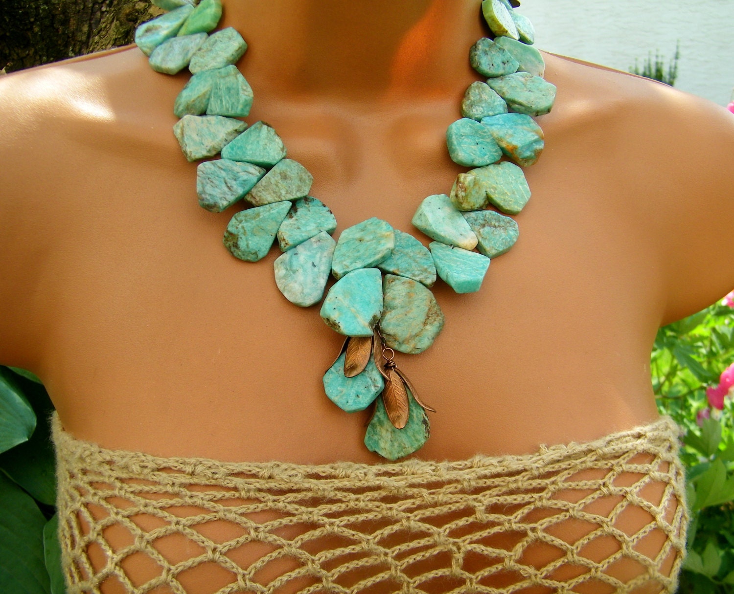 Mint Green Amazonite Bib Necklace. Natural Aqua blue green Stone Statement Necklace.
