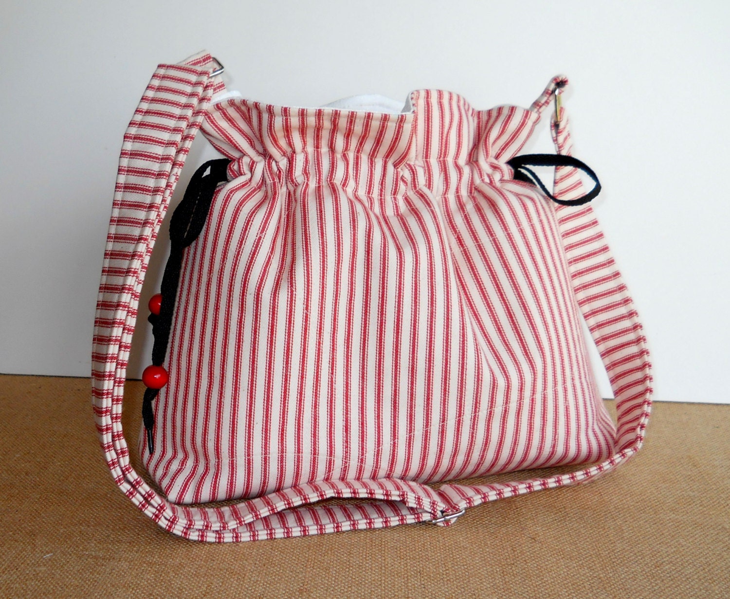 Striped Crossbody Bag / Drawstring Hobo Purse with Adjustable Strap / Red Ticking Cotton