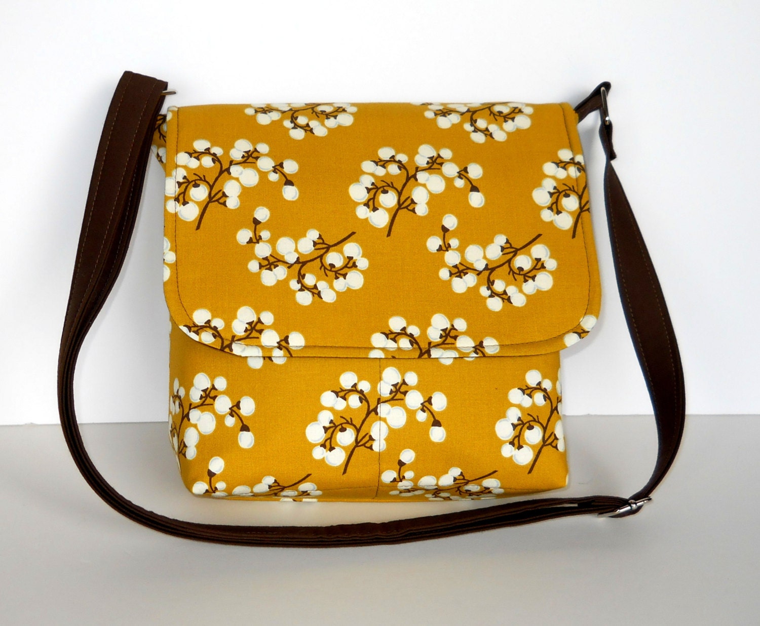 Small Messenger Purse / Cross Body Bag - Pussy Willow on Mustard Cotton