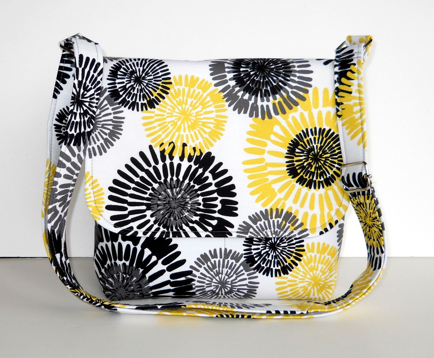 Cotton Purse, Small Messenger Bag - Yellow, Gray and Black Splash on White