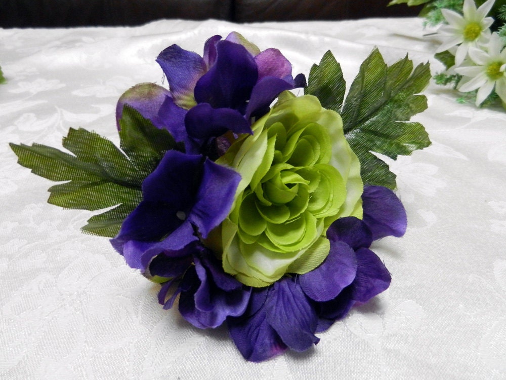 Wedding/ corsage, Lime green rose and purple hydrangea flowers.