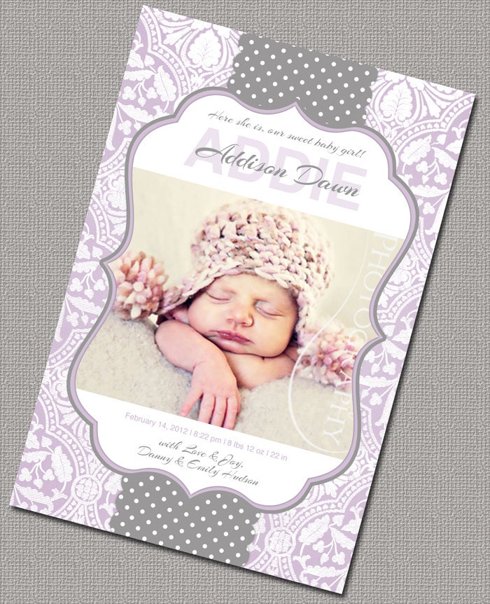 Purple Gray Damask Girl Birth Announcement, Custom Photo Card - 261