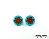 Turquoise Red Flower Stud Earrings Fimo Polymer Clay Wearable Art