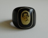 Vintage Black Bakelite & Celluloid Mourning Ring - Portrait - Statement - Cocktail Ring