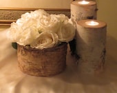 Birch Bark Vase  and  2 Birch Bark Candle Holders Rustic Wedding Centerpiece Shabby Chic Valentine Home Decor