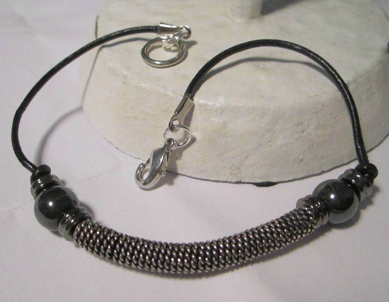 Mens Jewellery Hematite Bracelet Leather Bracelet Silver Tube Unisex Bracelet