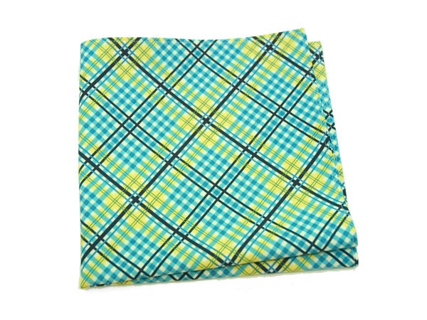 Cotton Plaid Pocket Square in aquamarine, lemon yellow, black, and cream
