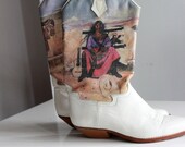 70s Cowboy Boots -  Hand Painted Leather - White - Mexican Portrait - Guitar - Rodeo - Western - Womens Size 6.5/ 7