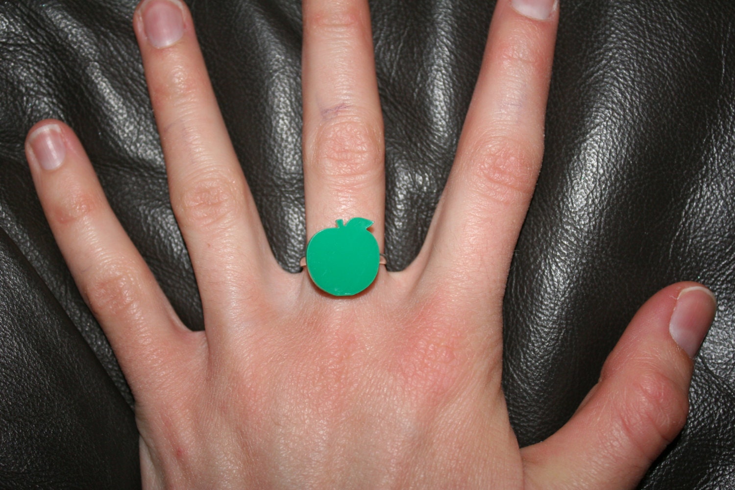 Blossom- Tiny Green Apple Laser Cut Acrylic Silver Adjustable Ring