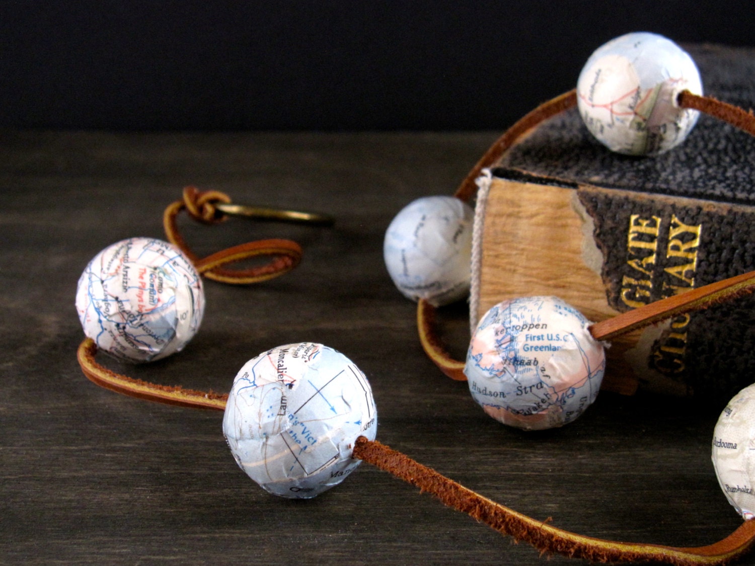 Adventurer Map Garland - National Geographic Ball Garland on Leather Cord - Man Cave Decor Rugged Travel Father's Day Gift