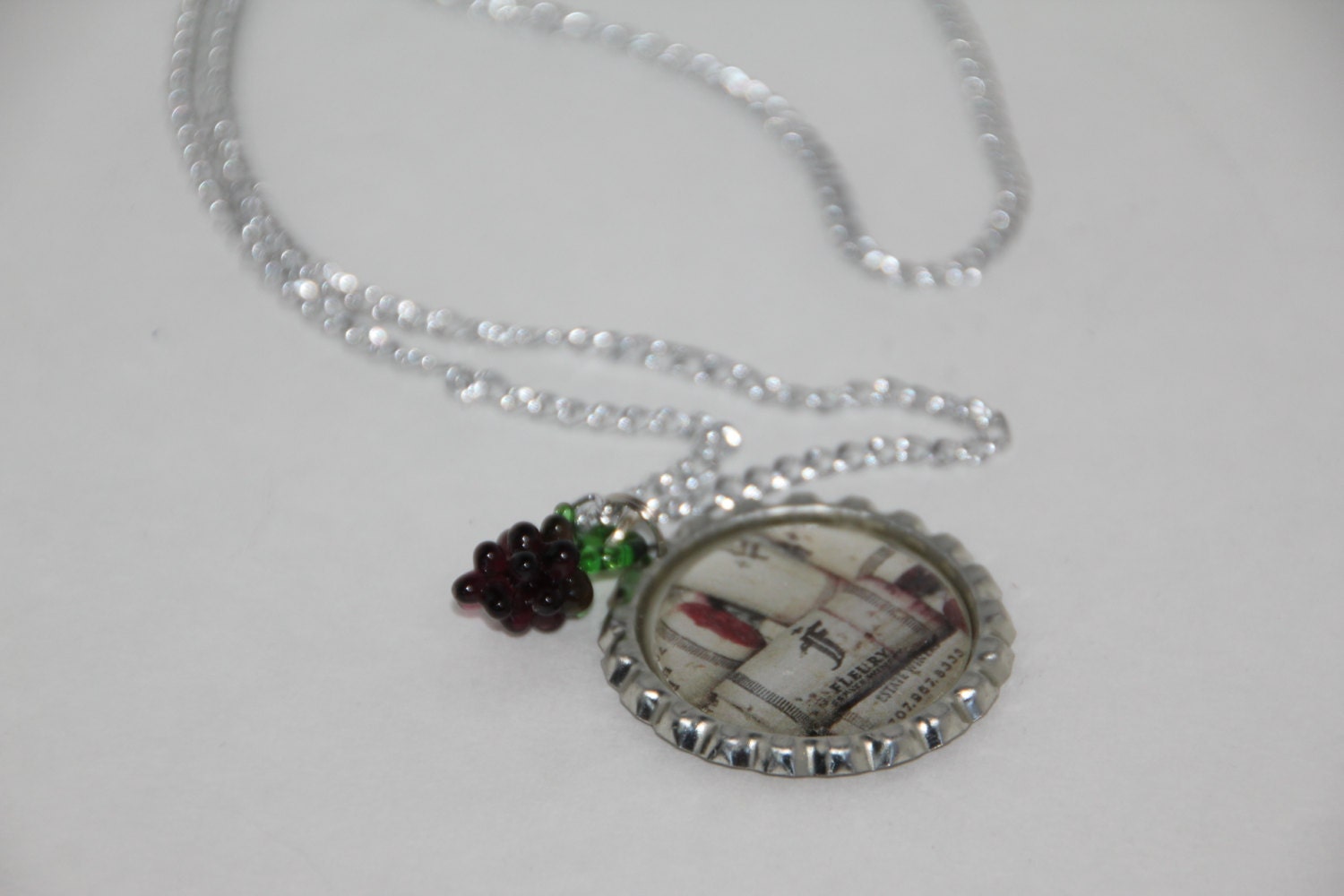 Wine Cork Bottle Cap Necklace with Glass Bundle Grape Cluster Charm