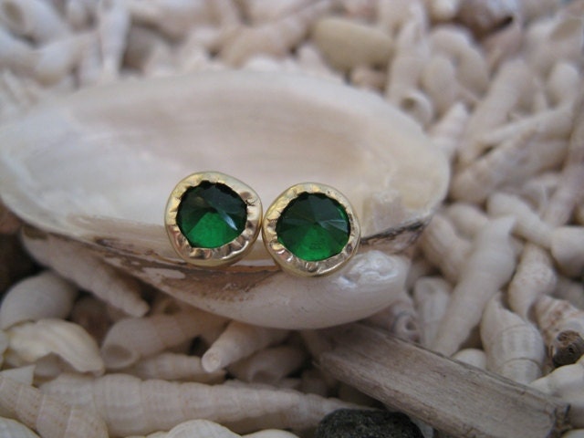 Emerald Green Color Zircon - 14K Yellow Gold Post Earrings