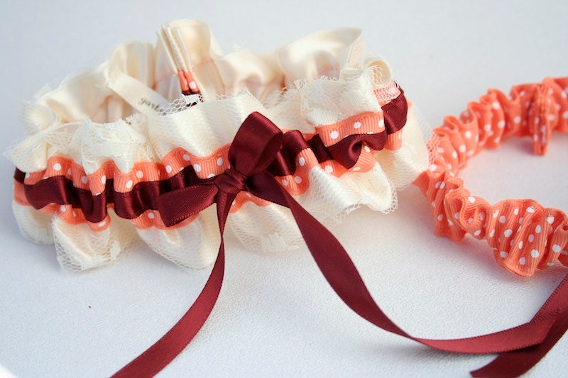 Wedding Garter - Orange, Maroon and Ivory Bridal Garter Set - Clearance Sale