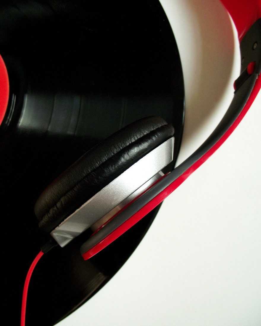 Headphones Vinyl Photography Record Black Red Music Home Decor 10x8 Print Bliss...