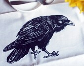 Handmade, Canadian, Original Screen Print of a Raven, Crow on a Tea Towel for the Kitchen, Studio, Workshop, Picnics, Garden and Baby