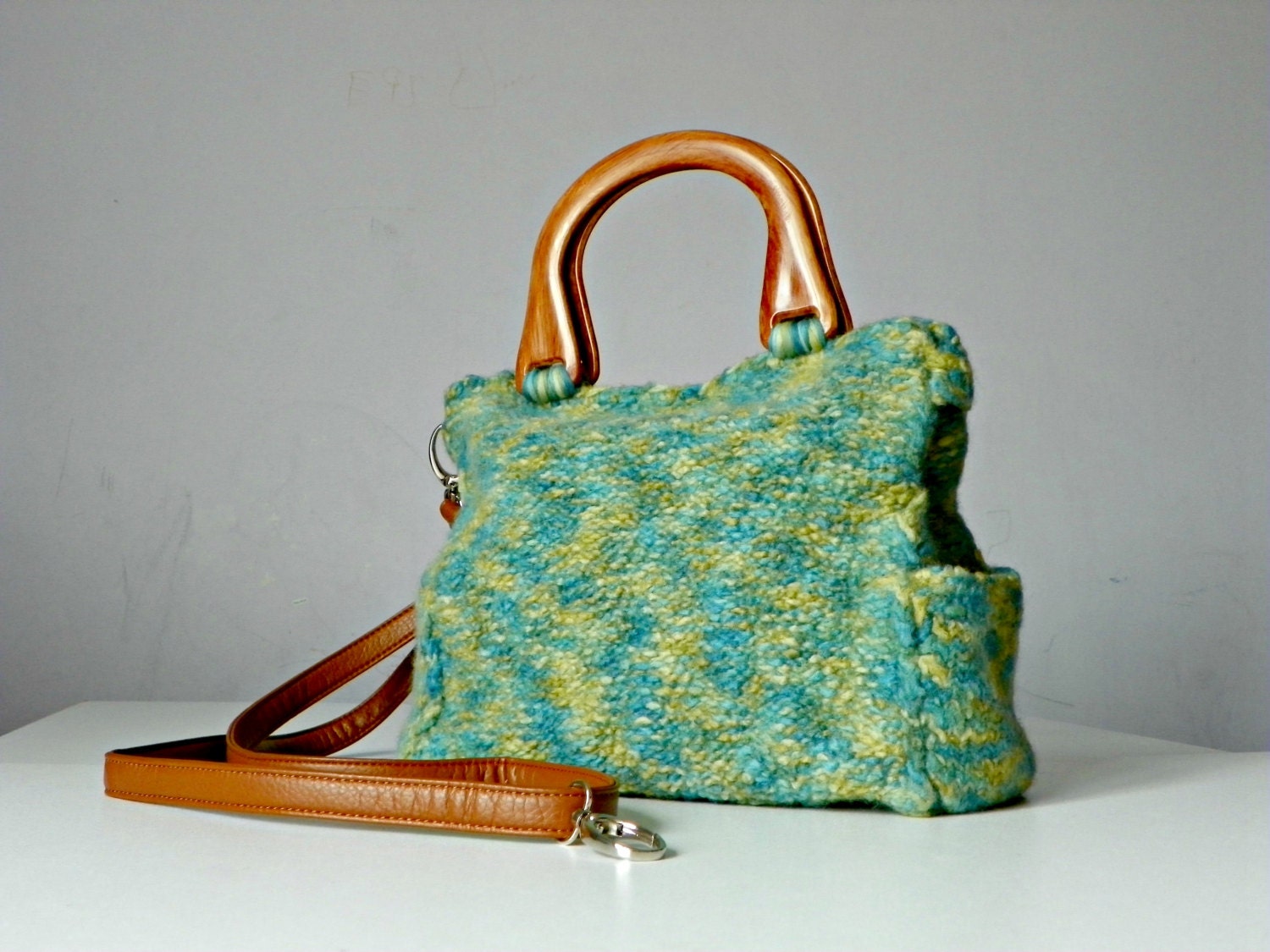 Women bag, NzLbags, Wool felted,  blue of green shades, messenger bag, shoulder bag, adjustable leather strap