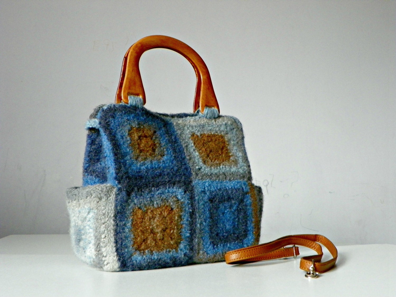 Women bag, granny square crocheted felted, blue of brown shades, messenger bag, shoulder bag, adjustable leather strap