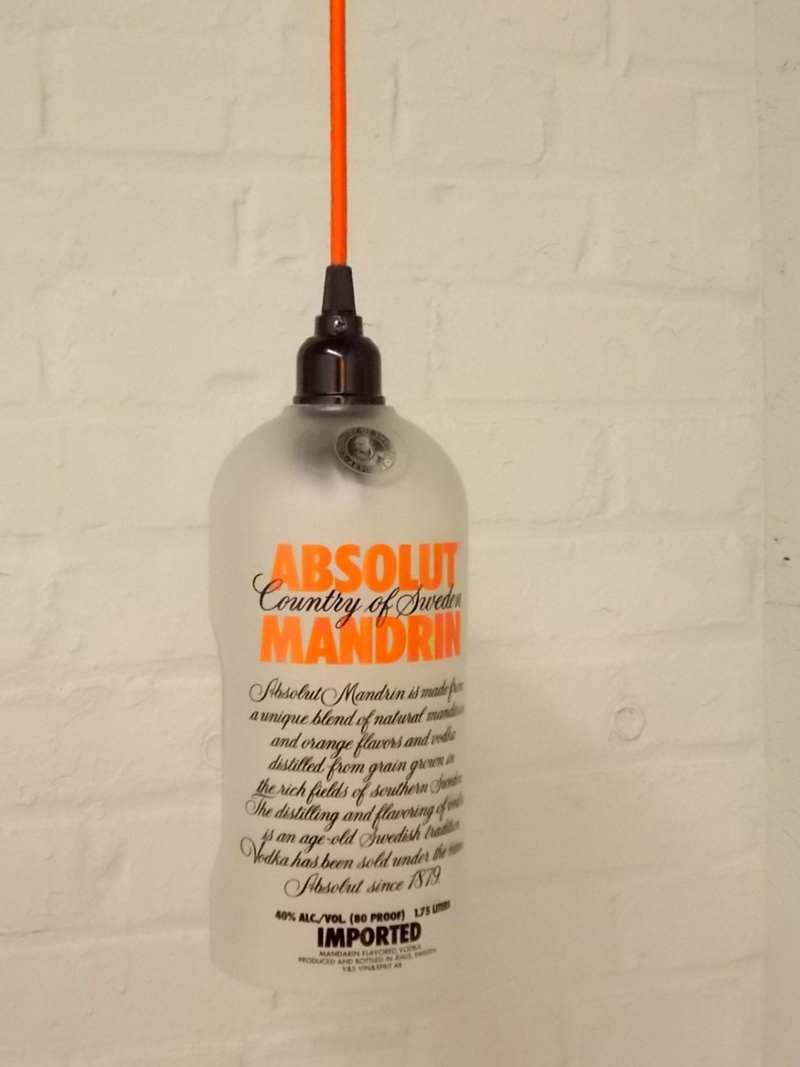 Upcycled Repurposed  Hanging Pendant Absolut  Mandarin Lamp color fabric cord swag light Recycled Glass