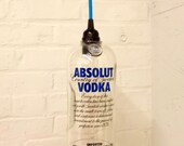 Upcycled Repurposed  Hanging Pendant Absolut Lamp color fabric cord swag light Recycled Glass