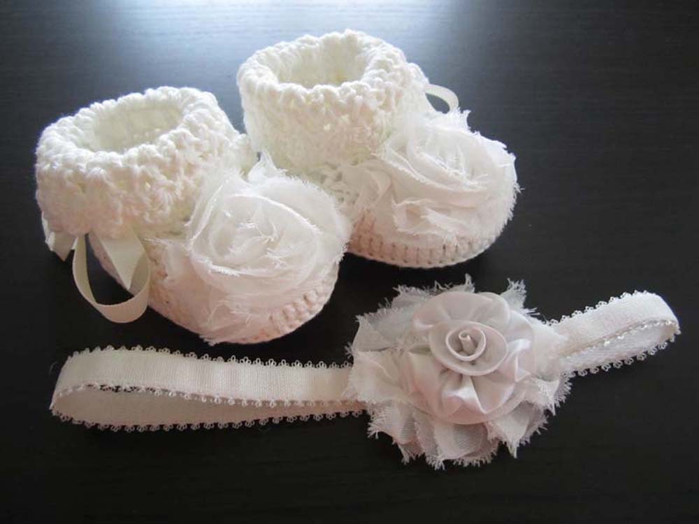 White Flowery Crochet Cotton Baby Booties and Headband Set - 4 Sizes - Ready to Ship