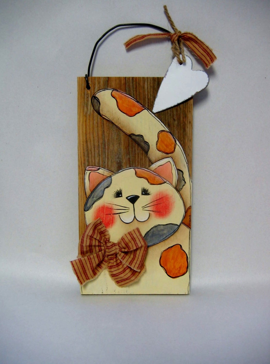 Calico Kitty, Tole Painted, Barn Wood, Rustic, Primitive