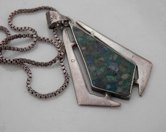 Vintage Mexican Sterling Silver Necklace Azurite Geometric 1960s Taxco Pendant Green Blue