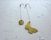 Lullaby - Brass Butterfly and Moon Dangle Earrings Asymmetric Earrings Sterling Silver Chain and Earwire Boho Earrings Bohemian Jewelry