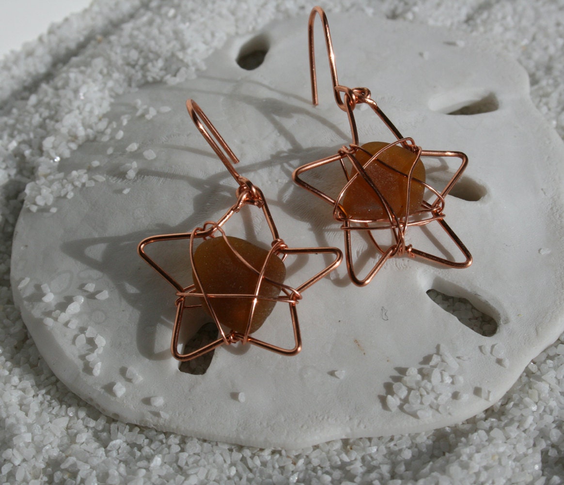 Brown Sea Glass Starfish Earrings  Amber and Copper Unique OOAK