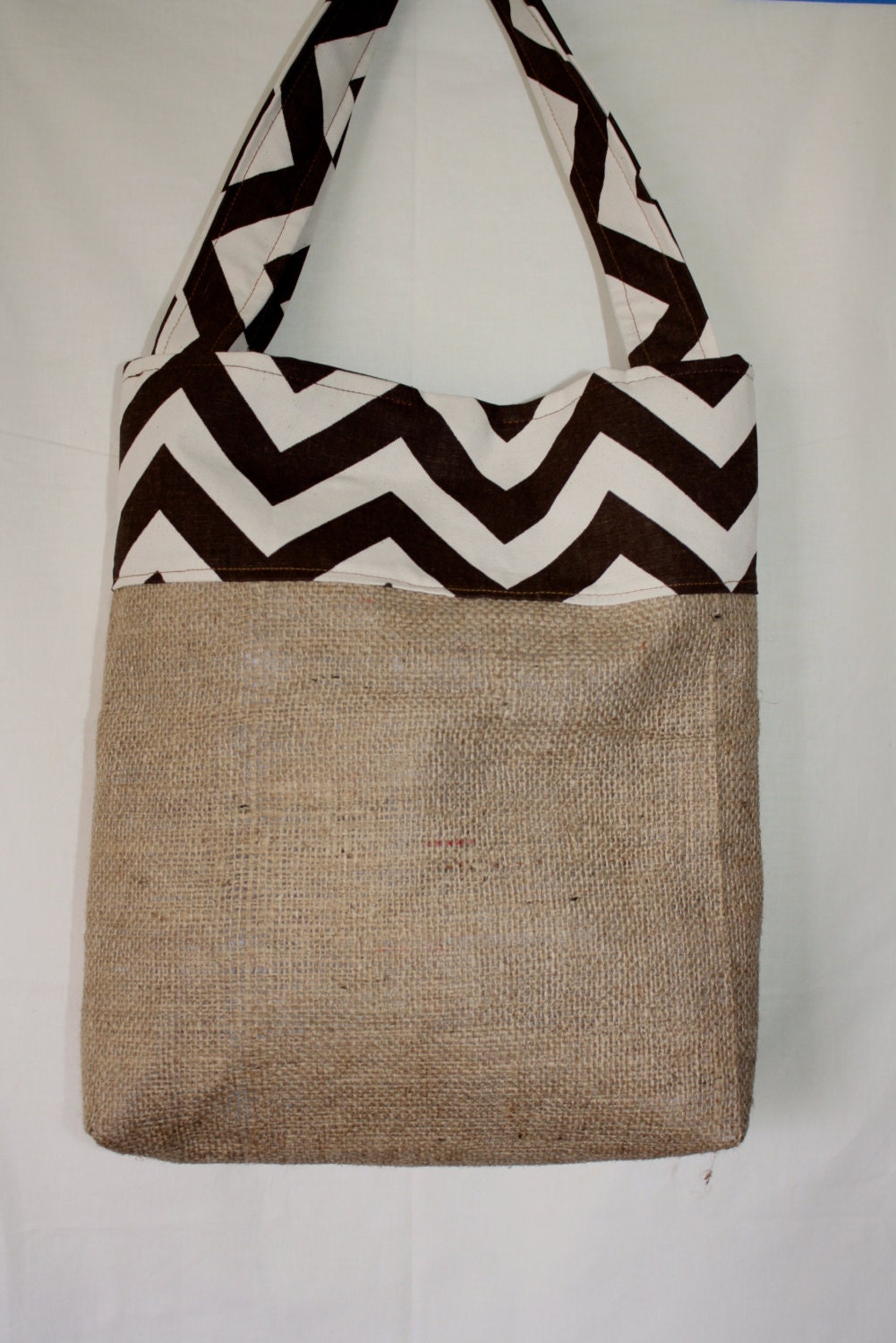 Brown and Natural Chevron with Burlap Market Tote