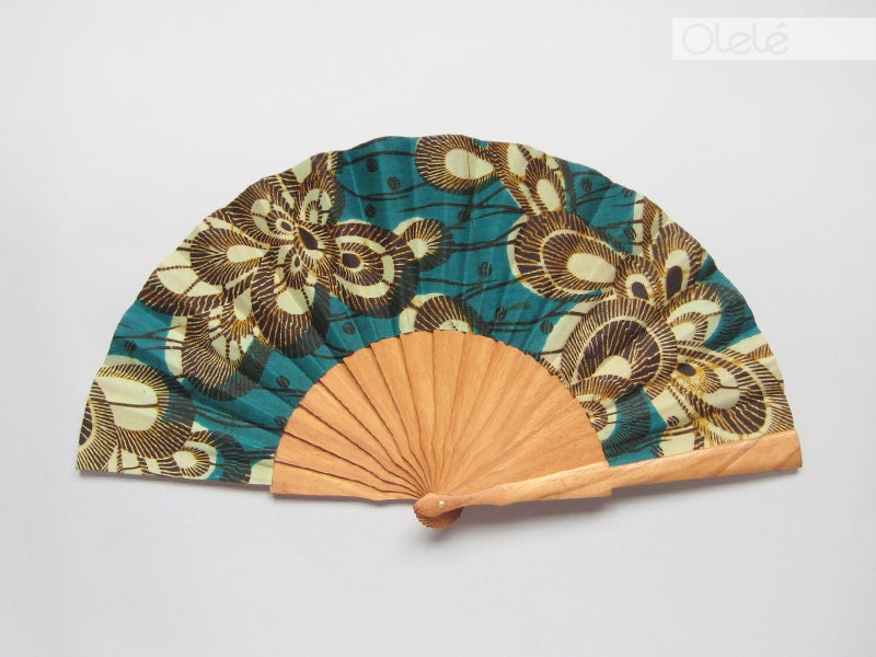 Wax print fan with leather case - Emerald