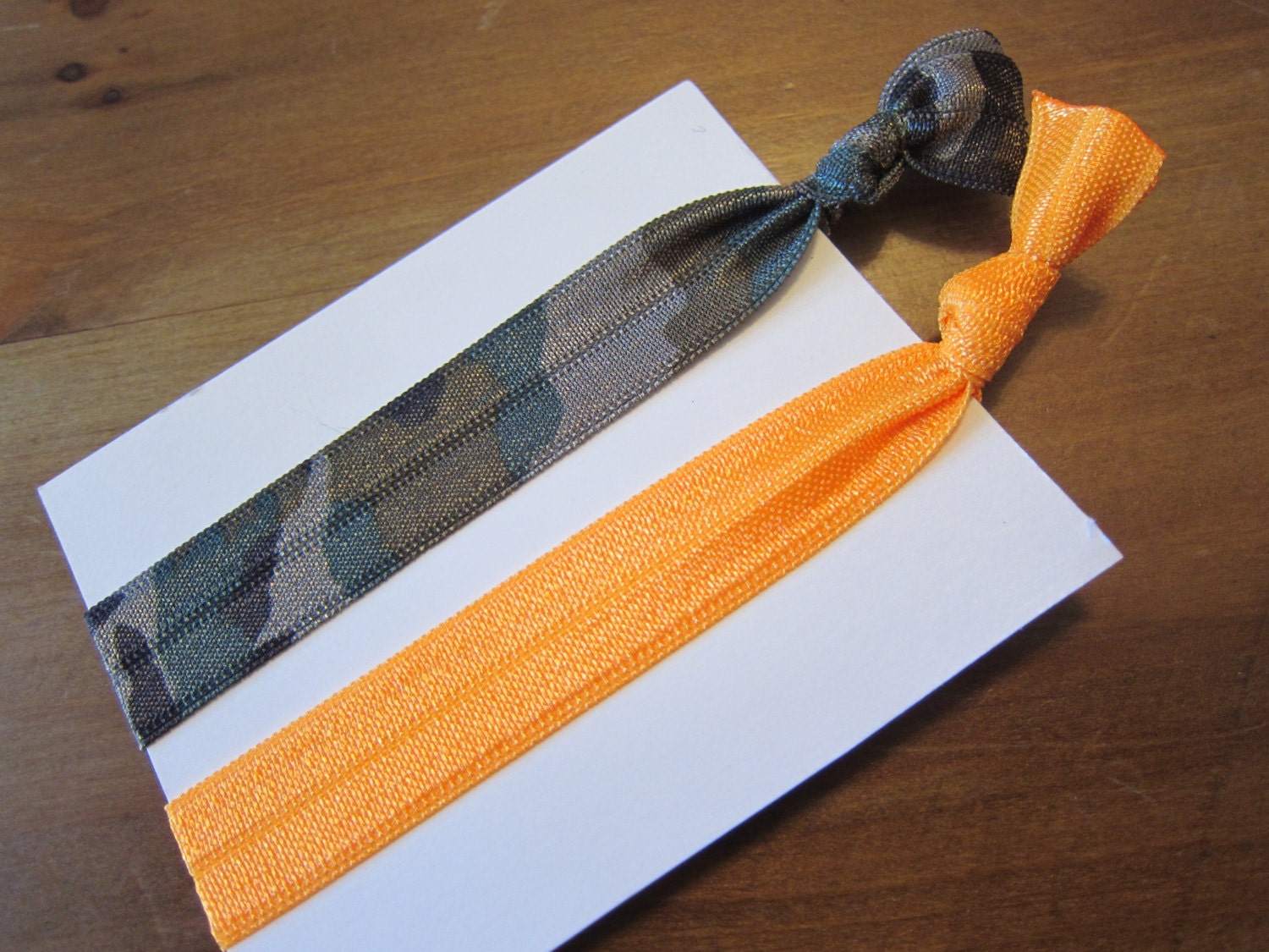 Set of Two (2)Soft Elastic Ponytail Holders Hairties Bracelets Camo Collection Green Camo and Bright Orange